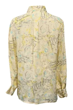 Yellow Camellia flower novelty-print silk satin point collar shirt with Coco Mark buttons