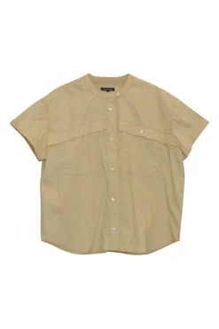 Yellow cotton button-front band collar cap sleeve cropped Parfaite shirt