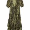 Yellow cotton leopard print balloon half sleeve wrap dress with ruffled high-low hem