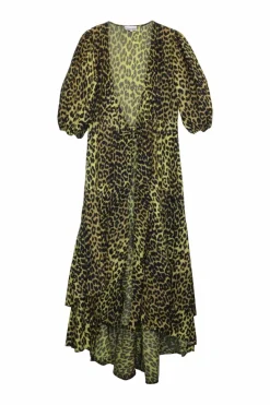 Yellow cotton leopard print balloon half sleeve wrap dress with ruffled high-low hem