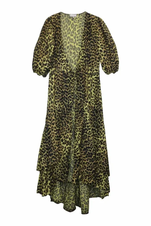 Yellow cotton leopard print balloon half sleeve wrap dress with ruffled high-low hem