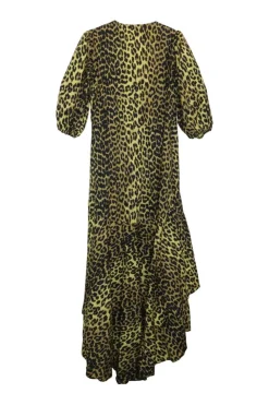 Yellow cotton leopard print balloon half sleeve wrap dress with ruffled high-low hem