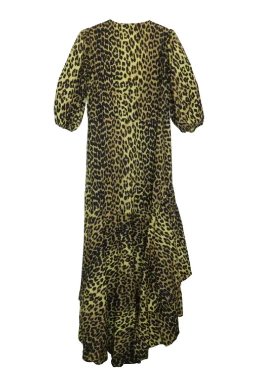 Yellow cotton leopard print balloon half sleeve wrap dress with ruffled high-low hem
