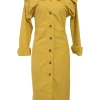 Yellow cotton stand collar dolman sleeve button-front shirt dress with oversized bellows pocket shoulders
