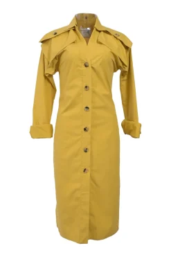 Yellow cotton stand collar dolman sleeve button-front shirt dress with oversized bellows pocket shoulders