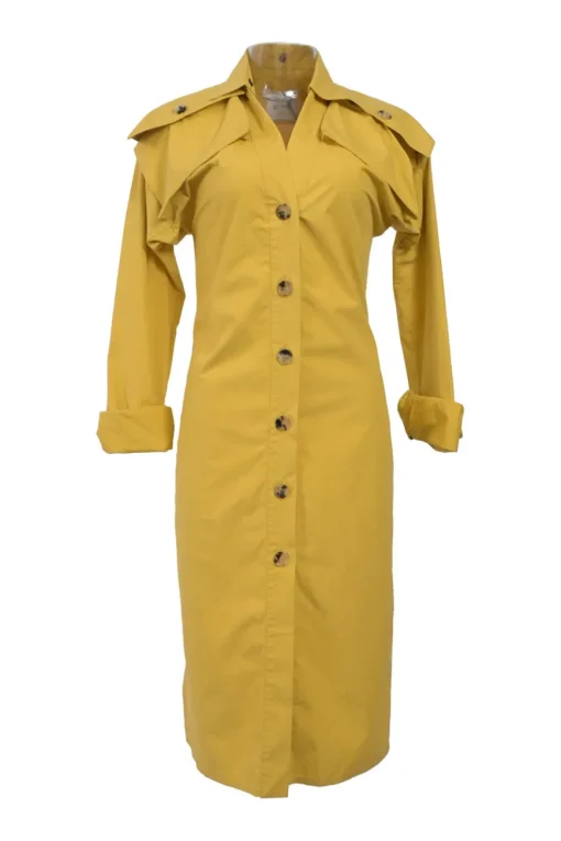 Yellow cotton stand collar dolman sleeve button-front shirt dress with oversized bellows pocket shoulders
