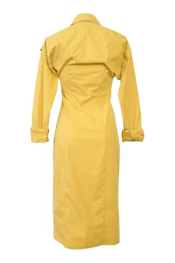 Yellow cotton stand collar dolman sleeve button-front shirt dress with oversized bellows pocket shoulders