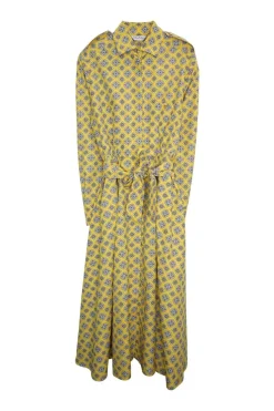 Yellow cotton tile print belted shirt dress