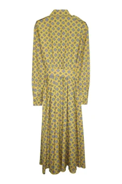 Yellow cotton tile print belted shirt dress