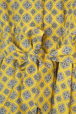 Yellow cotton tile print belted shirt dress