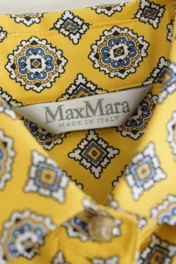 Yellow cotton tile print belted shirt dress