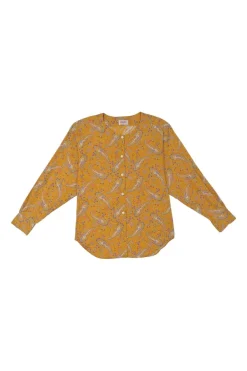 Yellow cotton voile paisley print button-front collarless long sleeve blouse
