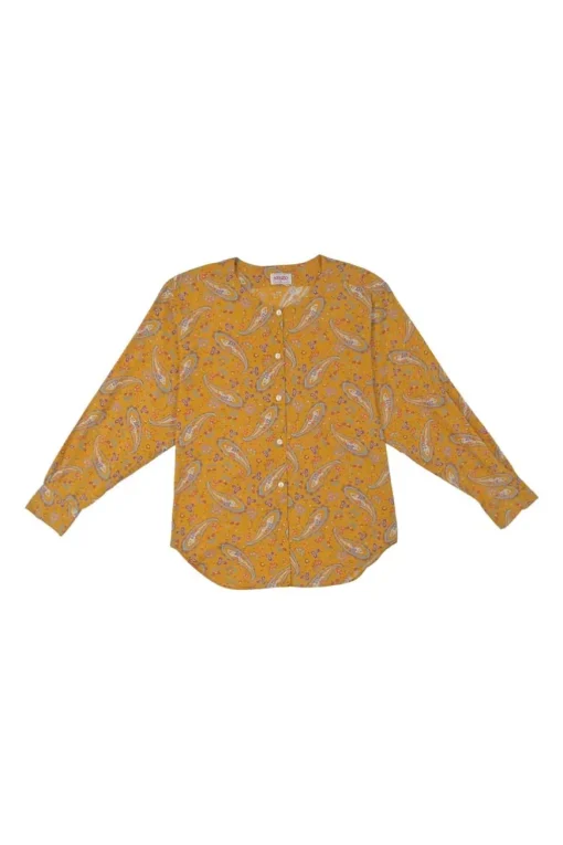 Yellow cotton voile paisley print button-front collarless long sleeve blouse