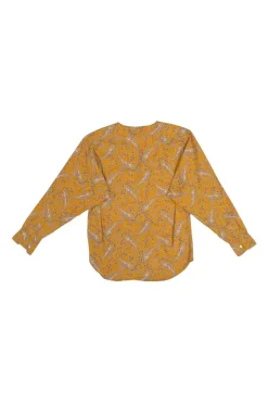 Yellow cotton voile paisley print button-front collarless long sleeve blouse