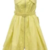 Yellow cotton zip-front belted skater dress with bustier bodice and gathered skirt