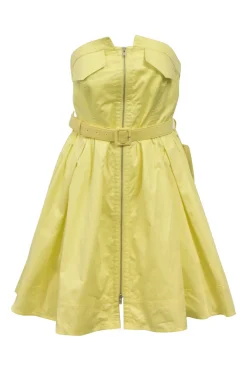 Yellow cotton zip-front belted skater dress with bustier bodice and gathered skirt