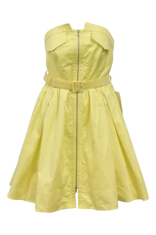 Yellow cotton zip-front belted skater dress with bustier bodice and gathered skirt