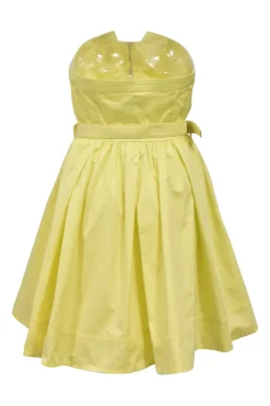 Yellow cotton zip-front belted skater dress with bustier bodice and gathered skirt