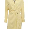 Yellow cotton-blend bouclé tweed spread collar ruched shirt dress with asymmetric button placket