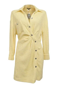 Yellow cotton-blend bouclé tweed spread collar ruched shirt dress with asymmetric button placket