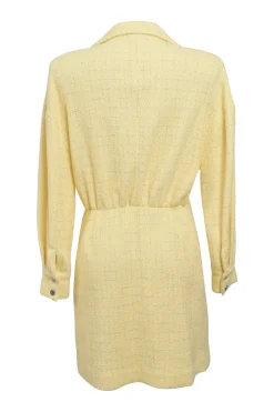 Yellow cotton-blend bouclé tweed spread collar ruched shirt dress with asymmetric button placket