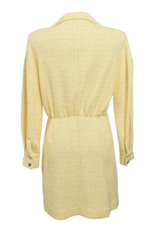 Yellow cotton-blend bouclé tweed spread collar ruched shirt dress with asymmetric button placket
