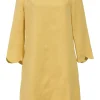 Yellow cropped sleeve scalloped swing-style shift dress