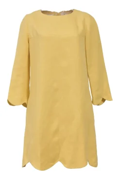 Yellow cropped sleeve scalloped swing-style shift dress