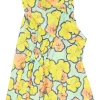 Yellow draped polyester floral print warp knit mesh gathered swing-style ruffle mini dress