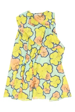 Yellow draped polyester floral print warp knit mesh gathered swing-style ruffle mini dress