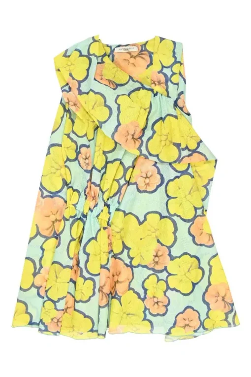 Yellow draped polyester floral print warp knit mesh gathered swing-style ruffle mini dress