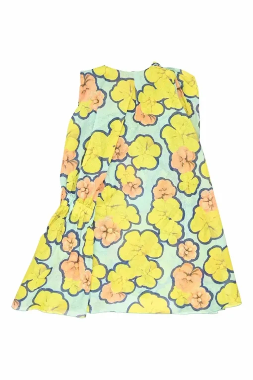 Yellow draped polyester floral print warp knit mesh gathered swing-style ruffle mini dress