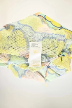 Yellow draped polyester floral print warp knit mesh gathered swing-style ruffle mini dress