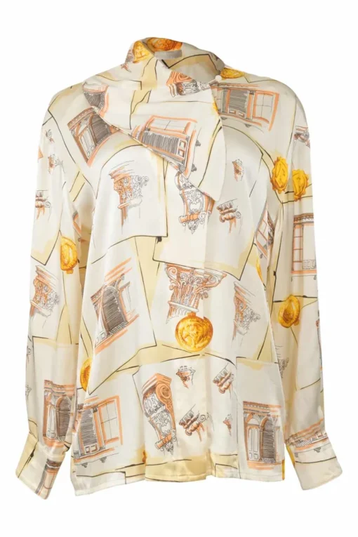 Yellow draped silk foulard print pullover blouse with asymmetric button-loop cowl collar