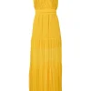 Yellow draped silk wrap bodice tiered gown with keyhole back
