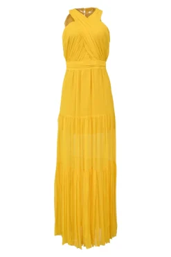 Yellow draped silk wrap bodice tiered gown with keyhole back