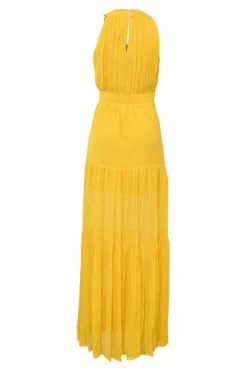 Yellow draped silk wrap bodice tiered gown with keyhole back