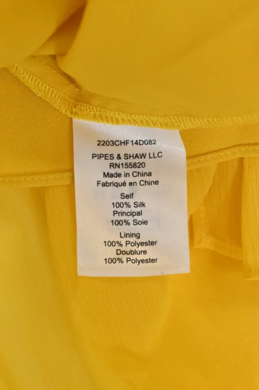 Yellow draped silk wrap bodice tiered gown with keyhole back