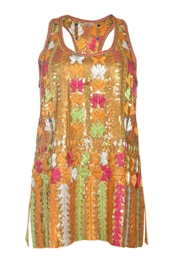 Yellow embellished polyester-blend pullover sleeveless top featuring sequin and geometric broderie appliqué