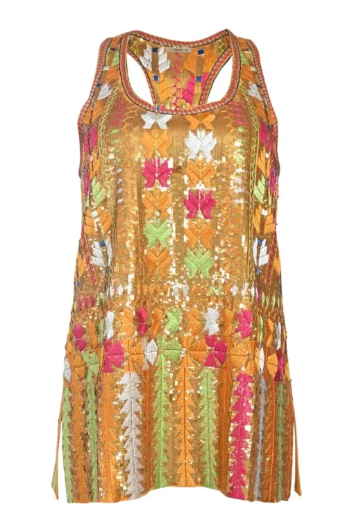 Yellow embellished polyester-blend pullover sleeveless top featuring sequin and geometric broderie appliqué