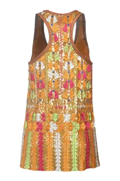 Yellow embellished polyester-blend pullover sleeveless top featuring sequin and geometric broderie appliqué