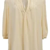 Yellow embroidered silk Y-collar cropped sleeve tunic top