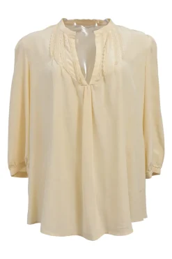 Yellow embroidered silk Y-collar cropped sleeve tunic top