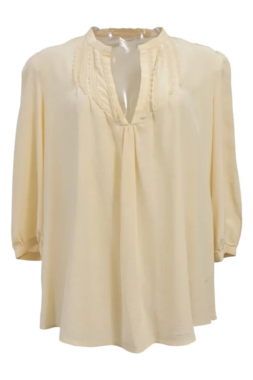 Yellow embroidered silk Y-collar cropped sleeve tunic top