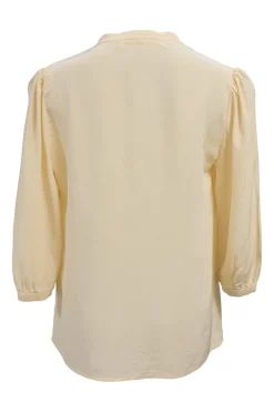 Yellow embroidered silk Y-collar cropped sleeve tunic top
