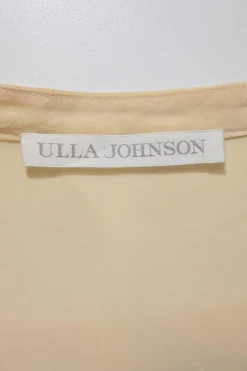 Yellow embroidered silk Y-collar cropped sleeve tunic top