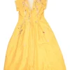 Yellow embroidered silk zip-up dolman sleeve midi A-line dress featuring metallic cherry blossom motif