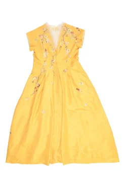 Yellow embroidered silk zip-up dolman sleeve midi A-line dress featuring metallic cherry blossom motif