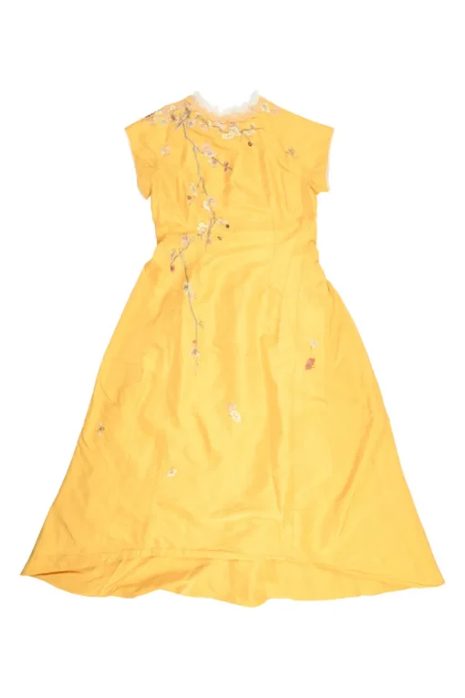 Yellow embroidered silk zip-up dolman sleeve midi A-line dress featuring metallic cherry blossom motif