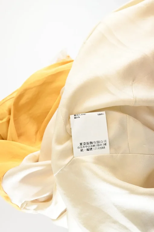 Yellow embroidered silk zip-up dolman sleeve midi A-line dress featuring metallic cherry blossom motif